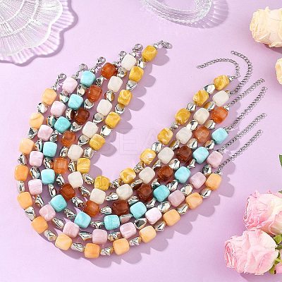 Cube Imitation Gemstone Acrylic Beaded Necklaces for Women NJEW-JN06476-1