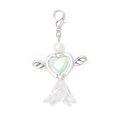 Acrylic Imitation Pearl Flower Heart Angel with Alloy Wings Pendant Decorations HJEW-JM03984-1