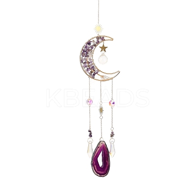 Wire Wrapped Natural Amethyst Moon with Tree of Life Pendant Decorations HJEW-K046-07G-06-1
