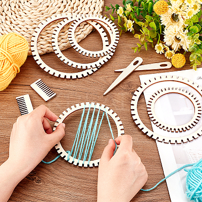 Gear Shape Wooden Cicular Weaving Loom Sets WOOD-WH0029-09-1