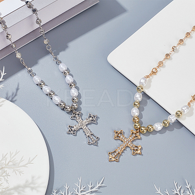 2Pcs 2 Colors Rhinestone Cross Fleury Pendant Necklace with Plastic Beaded Chains NJEW-AN0001-77-1