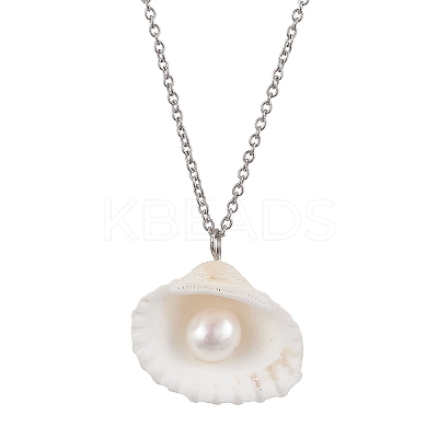 Natural Clam Shell & Imitation Pearl Pendant Necklaces NJEW-JN05006-1