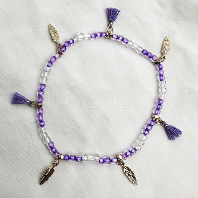 Bohemian Style Alloy Feather Charm Tassel Plastic Seed Beaded Stretch Anklets FS-WGB8A48-18-1