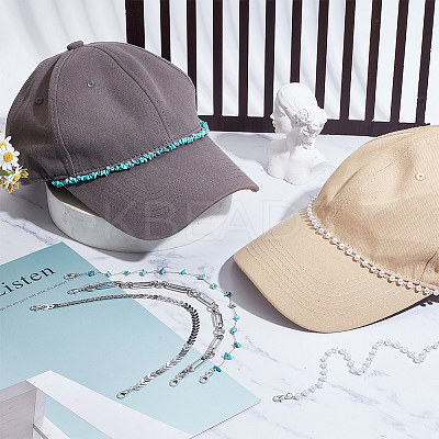 2 Sets 2 Styles Synthetic Turquoise & Plastic Imitation Pearl Beads & 304 Stainless Steel Link Baseball Cap Chain AJEW-GO0002-26-1