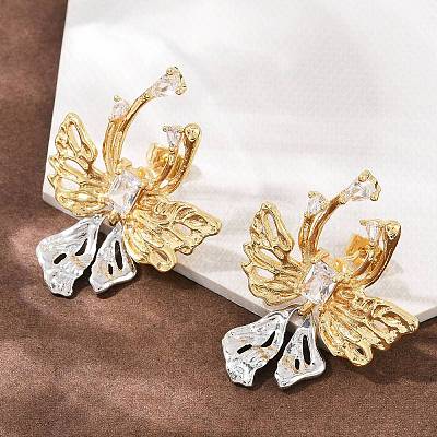 Brass Micro Pave Clear Cubic Zirconia Bowknot Stud Earrings EJEW-P323-01G-1