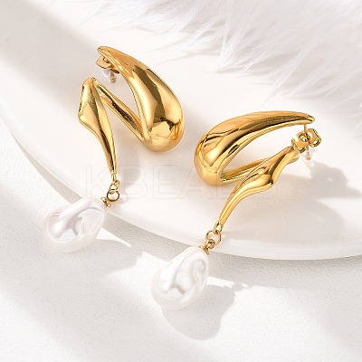 304 Stainless Steel Shell Pearl Stud Earrings for Women EJEW-U051-07G-1