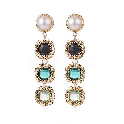 Glass Rectangle Beaded Long Dangle Stud Earrings with Imitation Pearl EJEW-TA00141-01-1