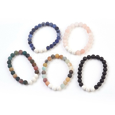 Natural Gemstone and Natural Dyed Lava Rock Stretch Bracelets Sets BJEW-JB03798-1