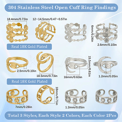 12Pcs 6 Style 304 Stainless Steel Open Cuff Ring Findings STAS-SC0007-90-1