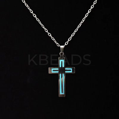 Luminous Glow in the Dark Stainless Steel Cross Pendant Necklace PW-WG31976-01-1