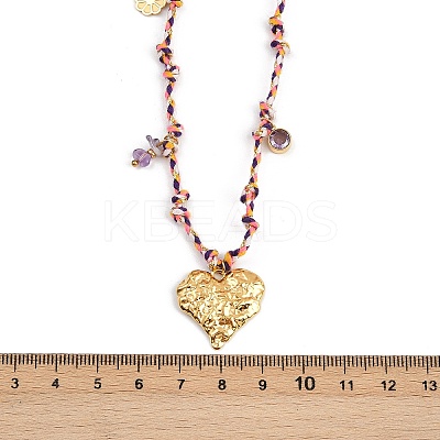 304 Stainless Steel Textured Heart Pendant Cotton Cord Adjustable Necklaces NJEW-C093-01G-1