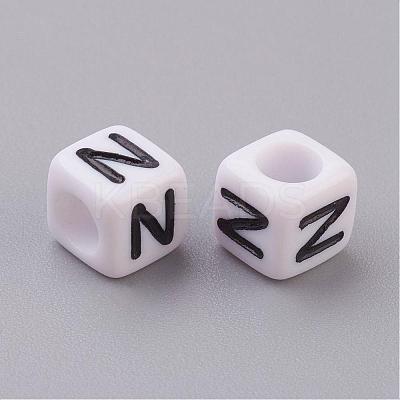 White Letter N Acrylic Cube Beads X-PL37C9308-N-1