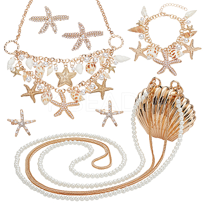 Natural Shell & Alloy Starfish Jewelry Set with ABS Imitation Pearl Beaded DIY-PH0020-73-1