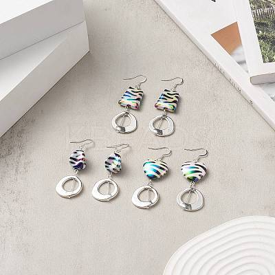 3 Pair 3 Style Heart & Trapezoid & Flat Round Acrylic Dangle Earrings EJEW-JE05204-1