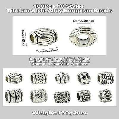 100Pcs 10 Styles Tibetan Style Alloy European Beads FIND-CJ0003-73-1