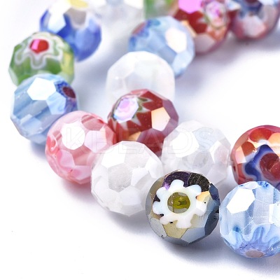 Faceted Round Handmade Millefiori Glass Beads Strands LK-R004-41-1