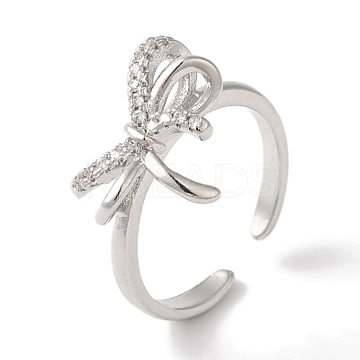 Bowknot Brass Micro Pave Clear Cubic Zirconia Open Cuff Rings for Women LS-RJEW-C098-07P-1