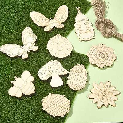 60Pcs 10 Style Spring theme Butterfly/Ladybird/Flower Unfinished Wood Pieces DIY-CJC0012-01-1