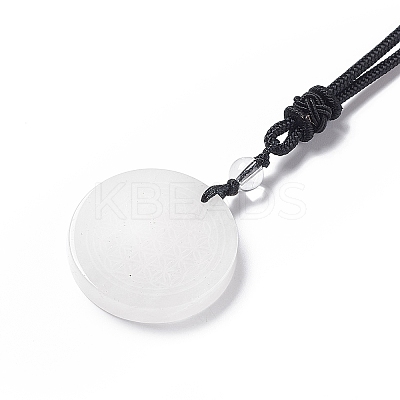 Natural Quartz Crystal Flat Round with Flower of Life Pendant Necklace with Nylon Cord for Women NJEW-P274-02-07-1