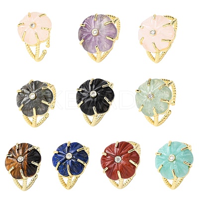 Flower Natural Mixed Stone Cuff Rings RJEW-G366-01G-1