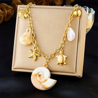 304 Stainless Steel Starfish Fish Shell Shape Pendant Necklaces for Women NJEW-F347-01A-1