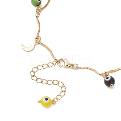 Handmade Evil Eye Lampwork & Stainless Steel Moon Tassel 304 Stainless Steel Curved Bar Link Chain Anklets for Women AJEW-AN00742-01-1