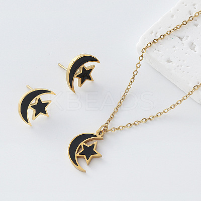 304 Stainless Steel Enamel Moon Star Pendant Necklace & Stud Earrings Set for Women FZ5218-5-1