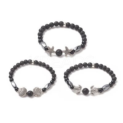 3Pcs 3 Style Natural Lava Rock & Black Onyx Beaded Stretch Bracelets Set BJEW-JB09237-1