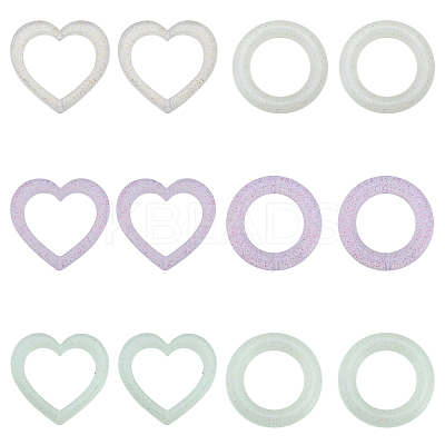 12Pcs 6 Style Heart/Ring Glitter Silicone Beads SIL-CA0002-82-1