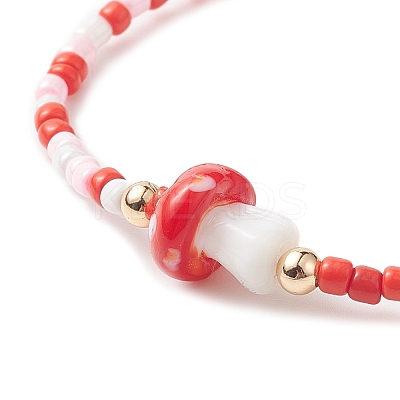Mushroom Lampwork & Glass Seed & Brass Beaded Stretch Bracelets for Women BJEW-JB09272-1