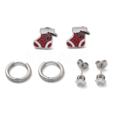 3 Pairs 3 Styles Christmas 304 Stainless Steel Hoop & Stud Earring Sets for Women EJEW-K279-16P-01-1
