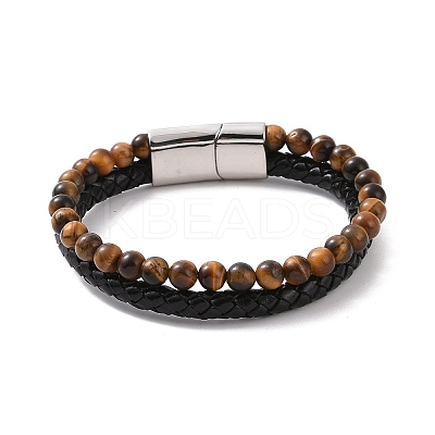Natural Mixed Gemstone Beaded & Microfiber Leather Cord Double Layer Multi-strand Bracelet BJEW-G658-04P-1