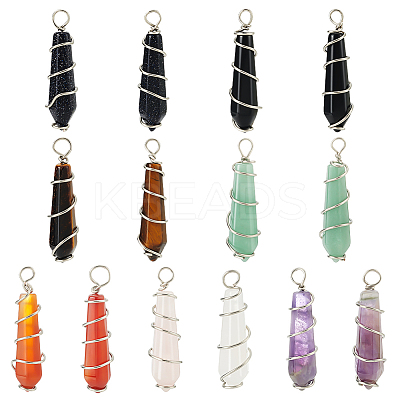 14Pcs 7 Colors Natural & Synthetic Mixed Gemstone Pointed Pendants PALLOY-AB00154-1