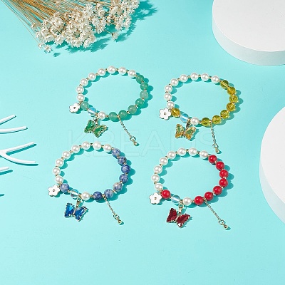 4Pcs 4 Style Round Natural Mixed Gemstone & Shell Pearl Beaded Stretch Bracelets Set BJEW-TA00191-1
