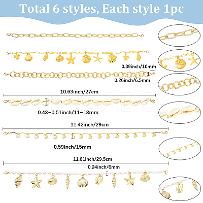 6Pcs 6 Styles Ocean Theme Cowrie Shell & Aluminum & Brass & Alloy Baseball Cap Chain HJEW-SC0002-37-1