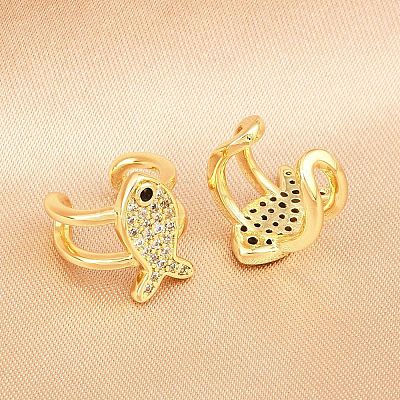 Fish Brass Micro Pave Clear Cubic Zirconia Cuff Earrings EJEW-D338-01G-1