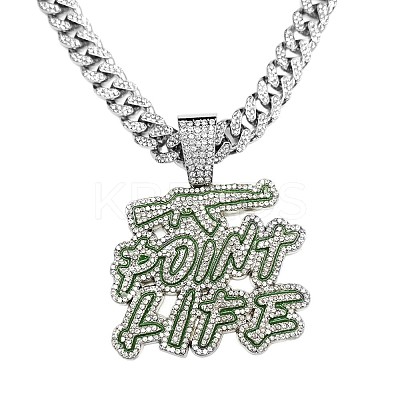 Hiphop Style Zinc Alloy Full Crystal Rhinestone Enamel Green Word Point Life Pendant Cuban Link Chain Necklaces for Men WG9A8ED-02-1