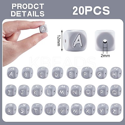 20Pcs Grey Cube Letter Silicone Beads 12x12x12mm Square Dice Alphabet Beads with 2mm Hole Spacer Loose Letter Beads for Bracelet Necklace Jewelry Making JX436M-1