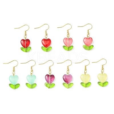 Heart Flower Glass & Lampwork Dangle Earrings EJEW-JE05324-1