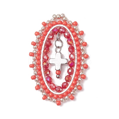 3Pcs Glass Seed Beaded Oval with Cross Pendants PALLOY-MZ01000-1