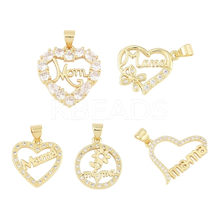 5Pcs 5 Style Brass Micro Pave Clear Cubic Zirconia Pendants ZIRC-YW0001-24-1