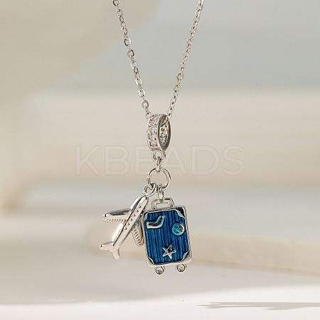 Airplane & Trunk 304 Stainless Steel Micro Pave Clear Cubic Zirconia Pendant Necklaces FS-WG81D22-04-1