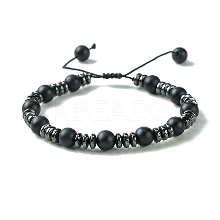 Black Glass & Non-magnetic Synthetic Hematite Round Braided Bead Bracelet BJEW-TA00440-1