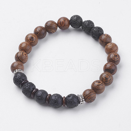 Natural Lava Rock & Wenge Wood Beads & Coconut Stretch Bracelets BJEW-I241-03I-1