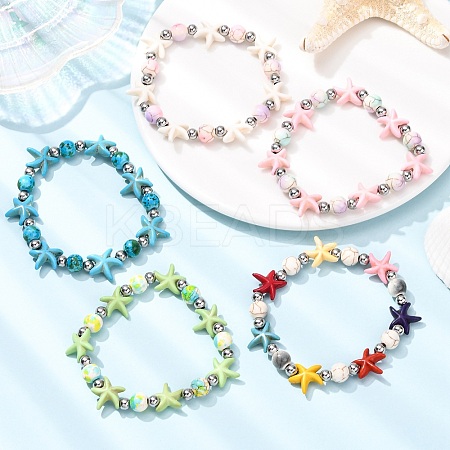 5Pcs Round & Starfish Synthetic Turquoise Beads & Brass Beads Stretch Bracelets Sets BJEW-JB12417-1