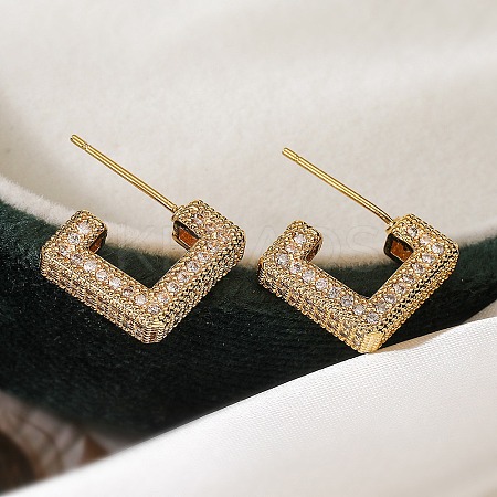 Square Box Design Brass Micro Pave Clear Cubic Zirconia Stud Earrings for Women LS-EJEW-A110-07G-1