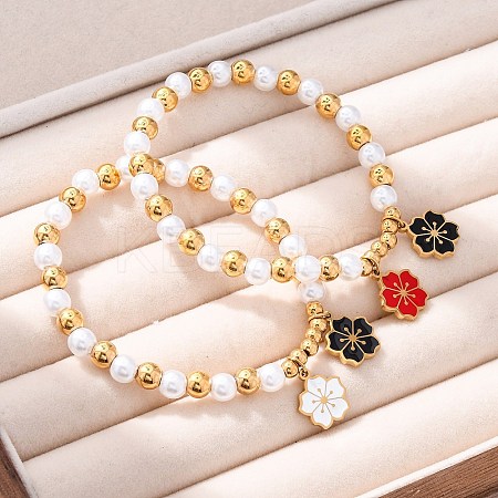 201 Stainless Steel Round Beaded Stretch Bracelets BJEW-C090-03G-C-1