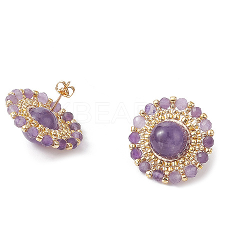 Natural Amethyst & Seed Braided Flower Stud Earrings EJEW-MZ00075-1