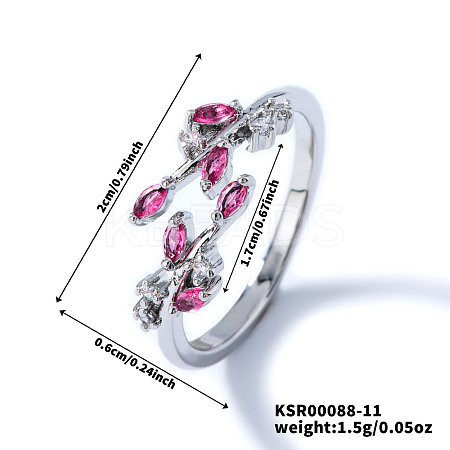 Exquisite Brass Cubic Zirconia Willow Leaf Cuff Rings for Women UN6923-11-1