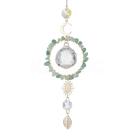 Glass Teardrop with Natural Green Aventurine Chip Bead Hanging Suncatchers HJEW-JM04792-1